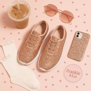 Women’s Rose Gold Glitter Sneakers Slip-On Elastic Lace White Sole NWT